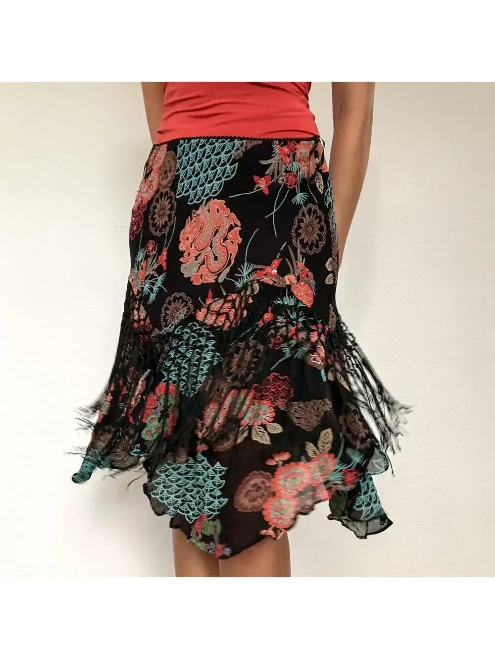 Y2K Lola P. black floral beaded fringe midi skirt